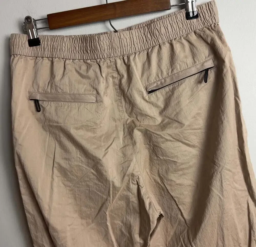 Zara Tan Nylon Drawstring Pants Elastic Waist Zip Pockets Size Medium Men’s